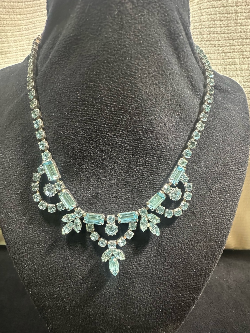 Vtg: ALBERT WEISS Powder Blue Rhinestone Bib style Necklace
